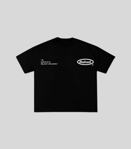Plain black t-shirt with minimal text design